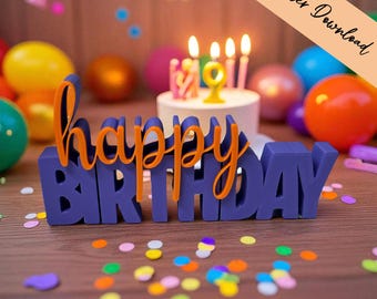 May include: A purple and orange "Happy Birthday" sign is the focal point of this image, with a small cake and lit candles in the background. Colorful balloons and confetti add to the festive atmosphere. The words "digitaler Download" are in the top right corner.