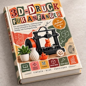 Puede incluir: Un libro de tapa dura titulado 3D-DRUCK FÜR ANFÄNGER con una portada que muestra una impresora 3D negra, una figura de gato naranja, un jarrón en espiral blanco, una planta verde y un engranaje, con un diseño estilo collage e iconos.