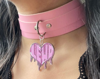 Pink Choker, Lewd Jewlery, Faux Leather Collar, Heart Charm Necklace, D Ring Choker