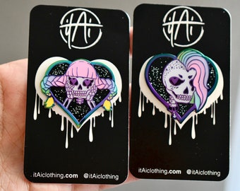 Kawaii Yandere and Tsundere Pins, Rainbow Hair, Pastel Goth Skeletons