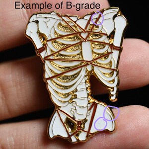 May include: Gold-toned skeleton enamel pin with white enamel details. The skeleton is bound with red rope and is in a bound pose. The pin is an example of a B-grade item.