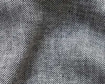 Tissu demi-lin lin coton tissé motif chevrons, noir et blanc