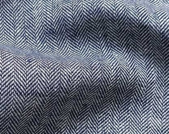 Half-linen linen cotton woven fabric herringbone pattern, dark blue white
