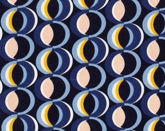 Cotton fabric with stretch graphic pattern circles, yellow light blue dark blue