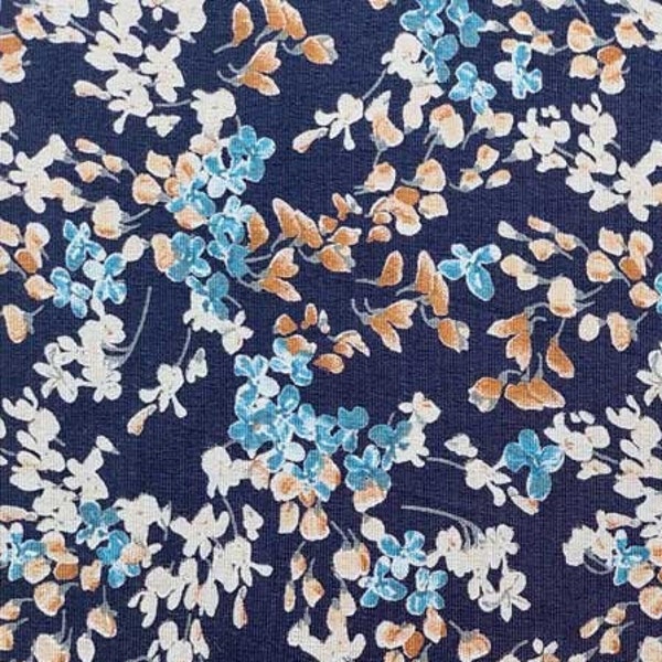 Viscose jersey fabric scattered flowers, light brown jeans blue dark blue