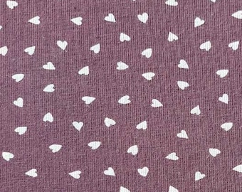 Tissu jersey petits coeurs, blanc mauve foncé