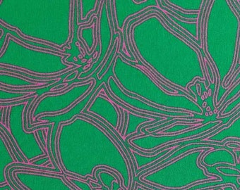 Viscose jersey fabric abstract floral tendrils, pink green