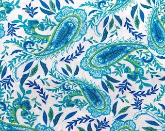 Tissu viscose popeline pour chemisier fleurs paisley, bleu turquoise menthe blanc