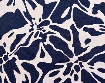 Viscose jersey fabric flowers, beige dark blue