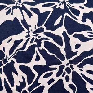 Viscose jersey fabric flowers, beige dark blue image 1