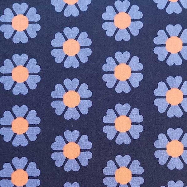 tissu en coton enduit fleurs rétro, pêche bleu clair bleu foncé