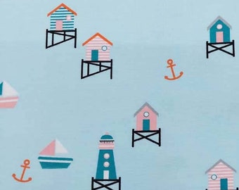 Jersey fabric beach houses lighthouses, mint