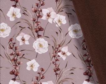 Softshell fabric jacket fabric flowers branches, white brown old pink