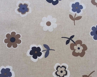 Dekostoff Blumen - blau/weiß/braun auf natur