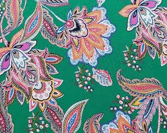 Viscose jersey fabric paisley flowers, green