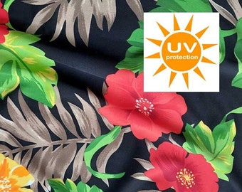 Tissu de bain Lycra pour maillot de bain, jersey fonctionnel, fleurs, feuilles, rouge jaune noir
