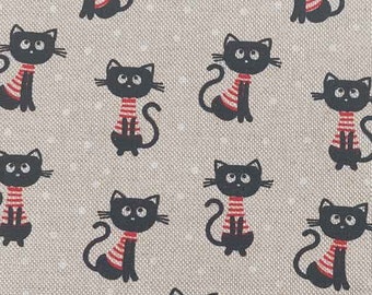 Tissu déco T-shirt rayé à pois chats, noir rouge naturel