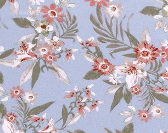 Tissu jersey viscose fleurs branches, bleu clair