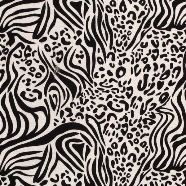 Viscose linen fabric animal print Leo Zebra, black cream white