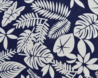 Stretch denim fabric palm leaves fern, dark denim blue