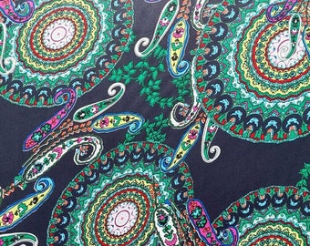 Viscose satin fabric large paisley pattern mandala, green dark blue