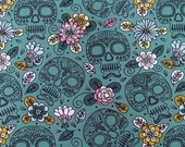 Cotton fabric skulls flowers, black ochre pink petrol green