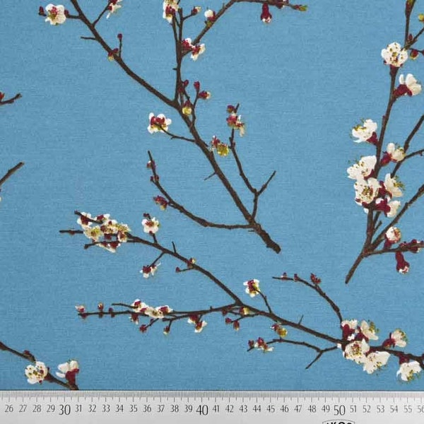 Tissu déco branches de cerisier, bleu fumée