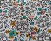Cotton fabric skulls flowers, black ochre green grey