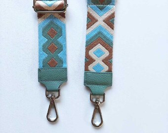 Bag strap bag strap diamond ethnic pattern - mint light blue brown - mint leather - silver buckles