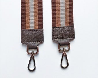Bag strap stripes glitter 5 cm, dark brown bronze white-dark brown leather-silver
