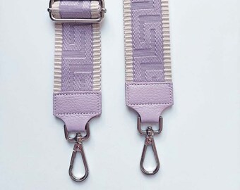Bandoulière de sac motif graphique - écru violet clair - cuir violet clair - boucles argentées