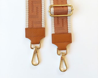 Bag strap graphic pattern 3D -ecrue cognac-cognac brown leather- gold buckle