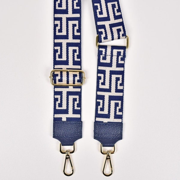 Bag strap bag strap labyrinth pattern 5 cm, dark blue ecrue