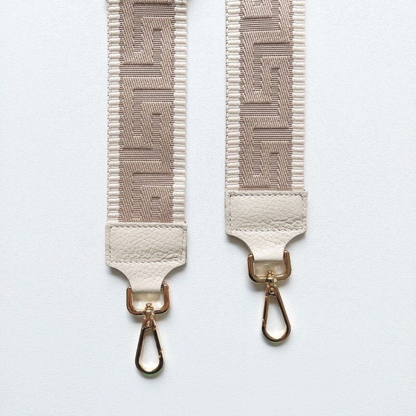 Bag strap bag strap graphic pattern, ecrue beige-ecrue leather-gold buckles