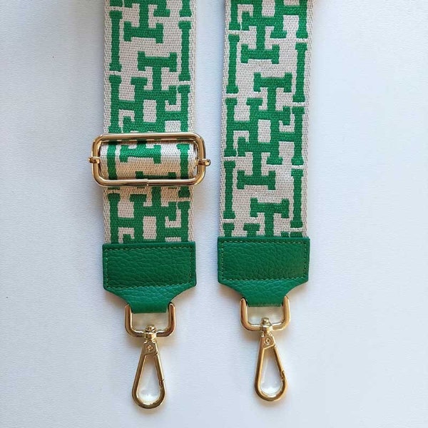 Bag strap bag strap abstract pattern HH, green ecru, green leather, gold buckles