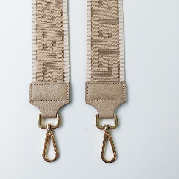 Bag strap graphic pattern 3D - ecru beige, beige leather, gold buckles