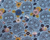 Cotton fabric skulls flowers, black ochre pink jeans blue