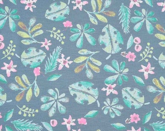 Le tissu jersey laisse des fleurs. rose menthe denim bleu