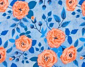 Jersey fabric floral jeans optic digital print, aprikot light blue