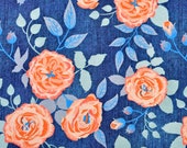 Jersey fabric floral jeans optic digital print, aprikot dark blue