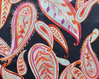 Viscose satin fabric large paisley pattern leaves, orange black