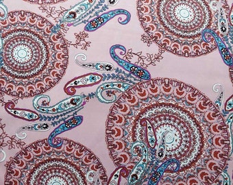 Viscose satin fabric large paisley pattern leaves, light old pink