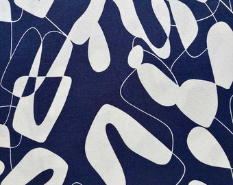 Viscose jersey fabric abstract pattern, white dark blue