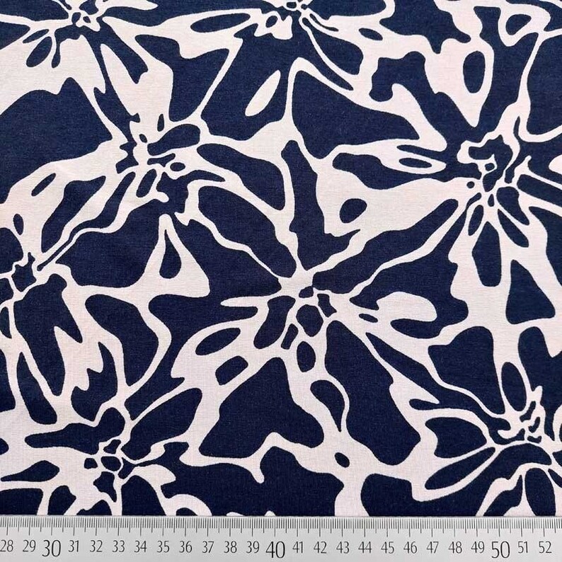 Viscose jersey fabric flowers, beige dark blue image 1