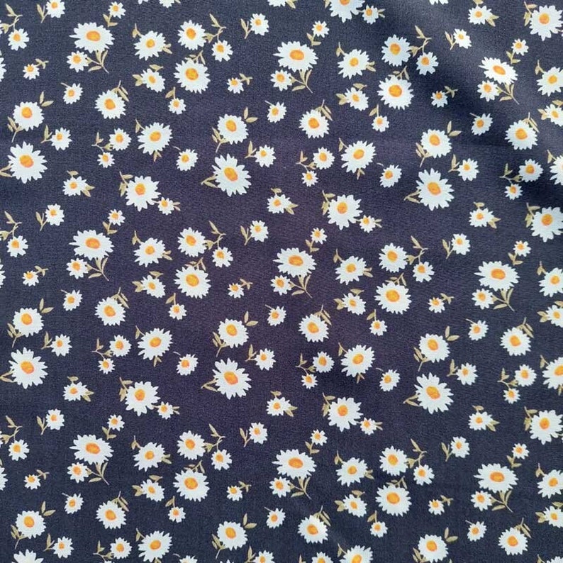 Viscose fabric poplin daisies, yellow white dark blue image 1