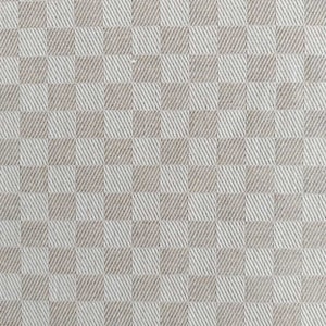 Op de afbeelding: Een close-up van een witte stof met een bruin geruit patroon. De stof heeft een subtiele textuur en een licht ruw gevoel.