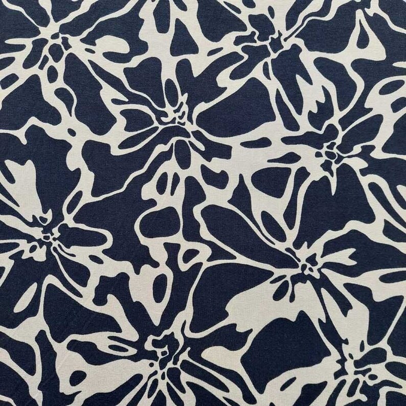 Viscose jersey fabric flowers, beige dark blue image 2