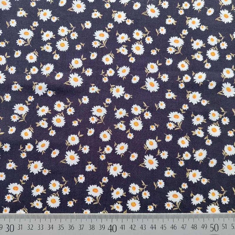 Viscose fabric poplin daisies, yellow white dark blue image 3