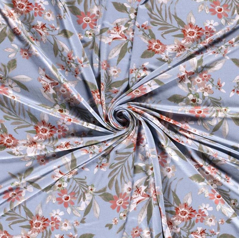 Tissu jersey viscose fleurs branches, bleu clair image 3