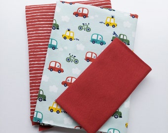 FABRIC PACKAGE Jersey fabric cars clouds retro stripes, terracotta light mint green